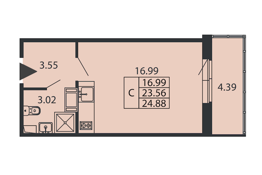 Квартира студия 23.56 м², 2/12 эт., ЖК «Полис ЛАВрики»